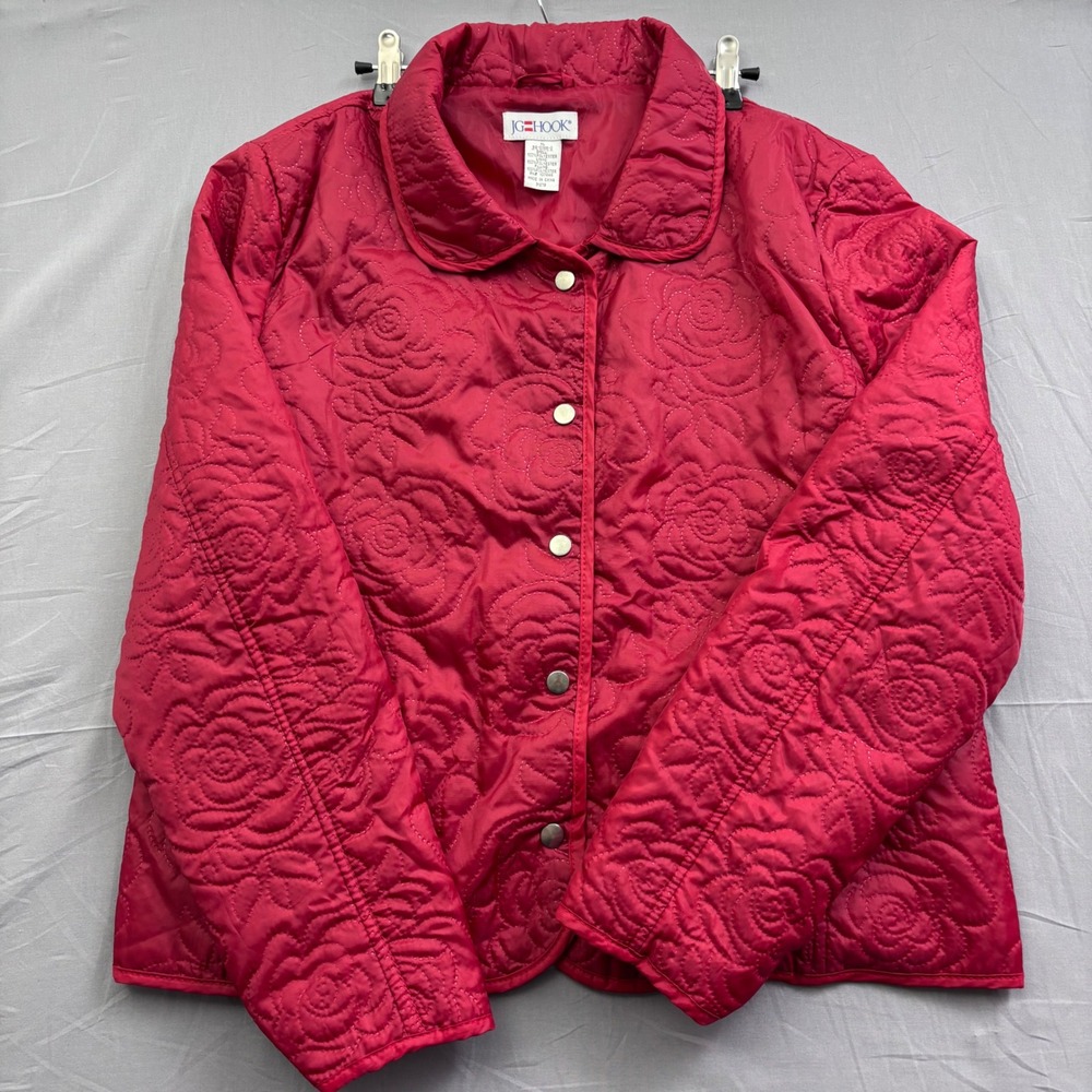 JG Hook Red Rose Floral Quilted Jacket Women XL Snap Front Peter Pan Collar Coat